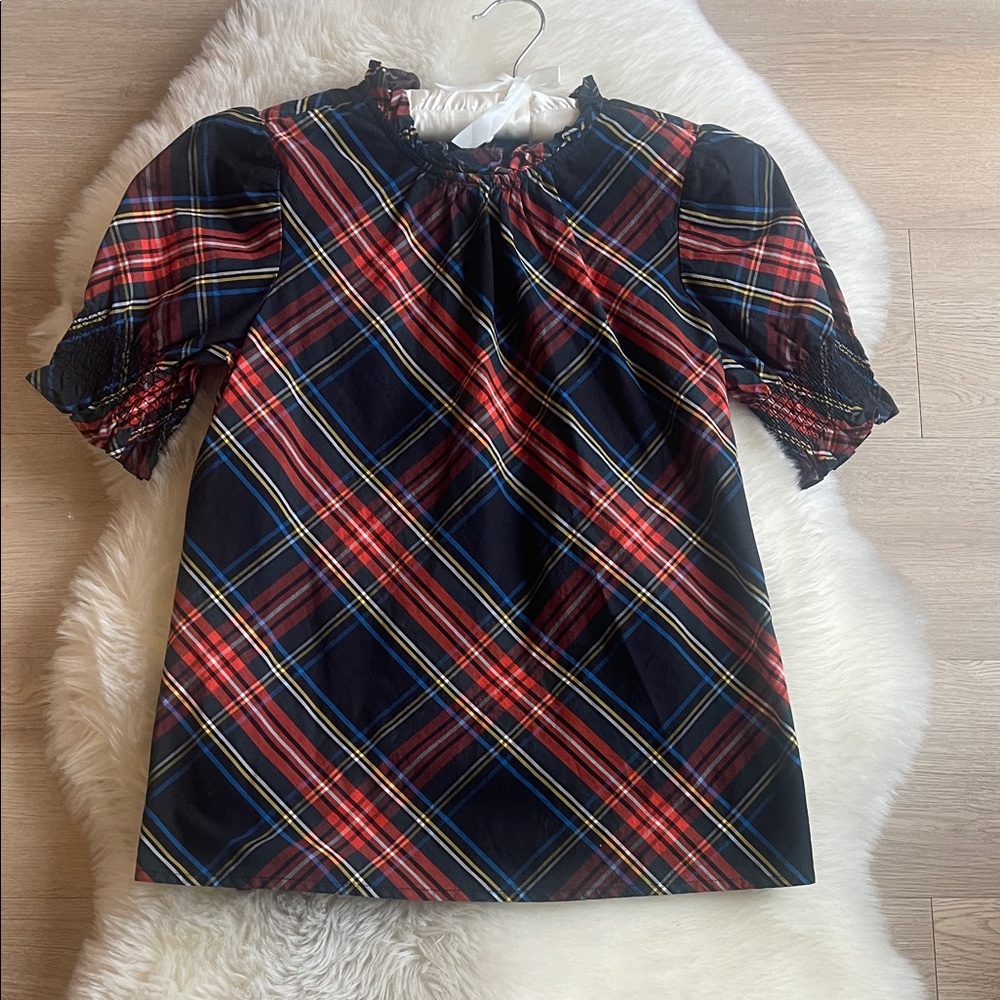 J. Crew Navy Plaid Puff-Sleeve Top with Red and Yellow Stripes